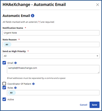 In the image, the Automatic Email window displays with settings for automated emails, such as notification name, note reason, priority, and email recipients.